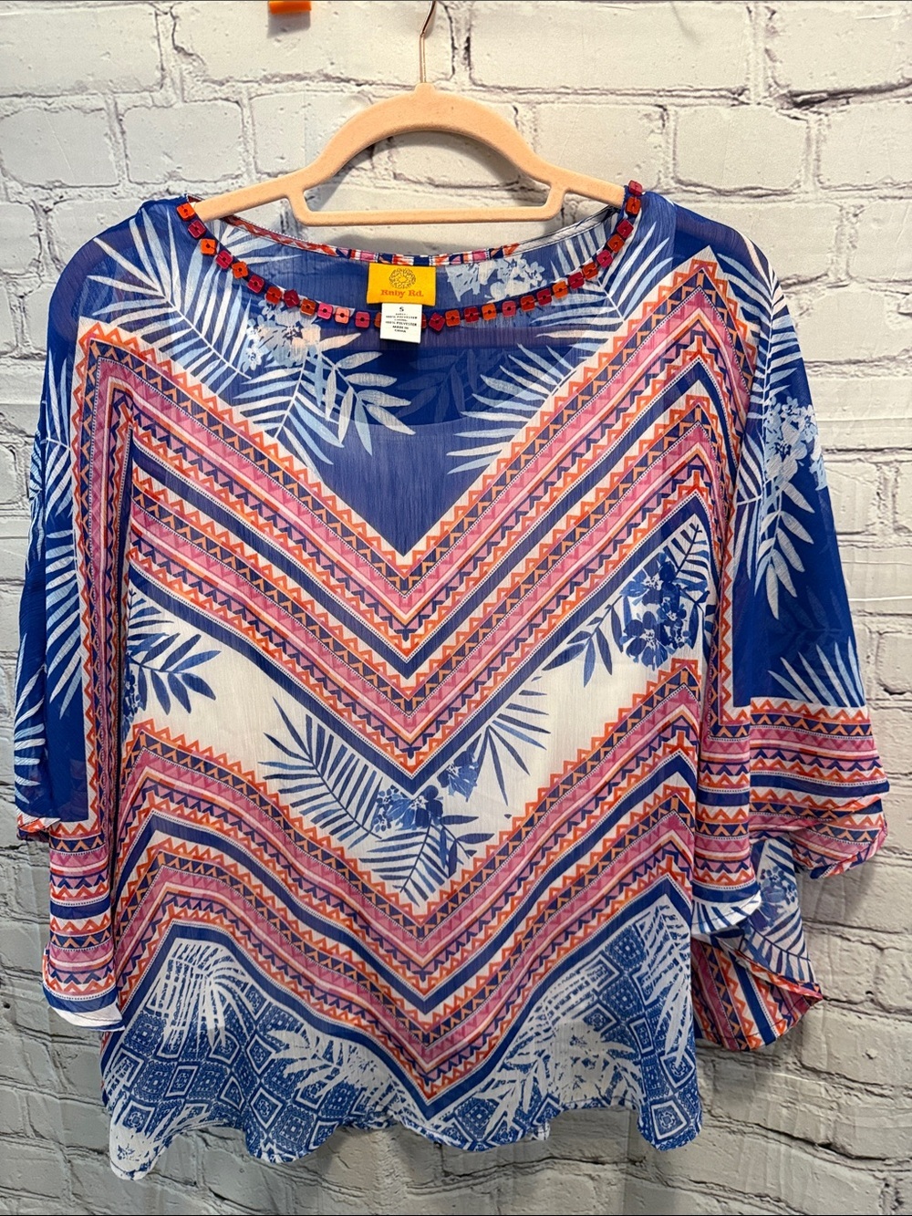 Ruby Rd. Blue and Pink Patterned Boho Blouse